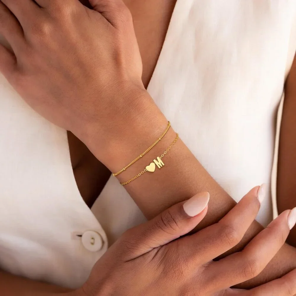 Christmas Gifts for Grandkids Teens Girls, 14K Gold Plated Heart Initial Bracele - Picture 3 of 7